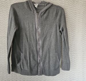 Weekend by Chicos Gray Juniors Hooded Zip Up Sweater